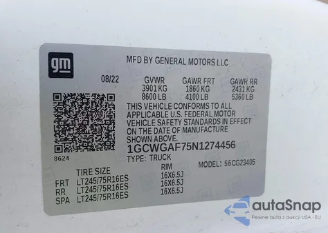 2022 Chevrolet Express Cargo Rwd 2500 Regular Wheelbase Wt из США, поврежденный, VIN 1GCWGAF75N1274456